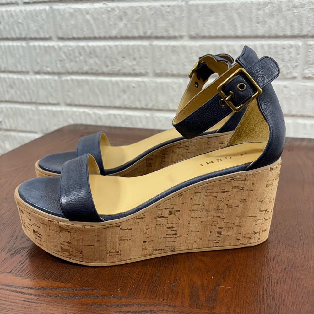 M. Gemi Navy Leather Cork Platform Sandals with Ankle Strap size 9